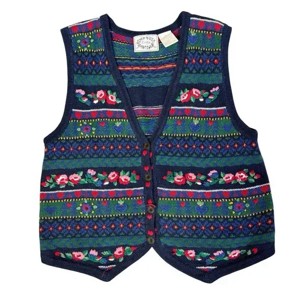 Vintage Erika Fair Isle Cottage Dark Floral Sweater Vest Size M Holiday Vintage - Picture 1 of 10